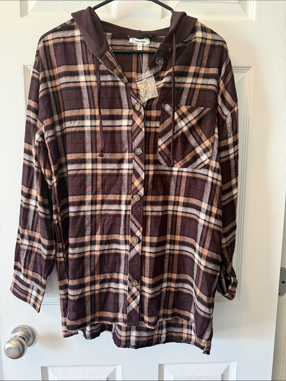 Women’s Brown Plaid Hooded Button-Up Shirt